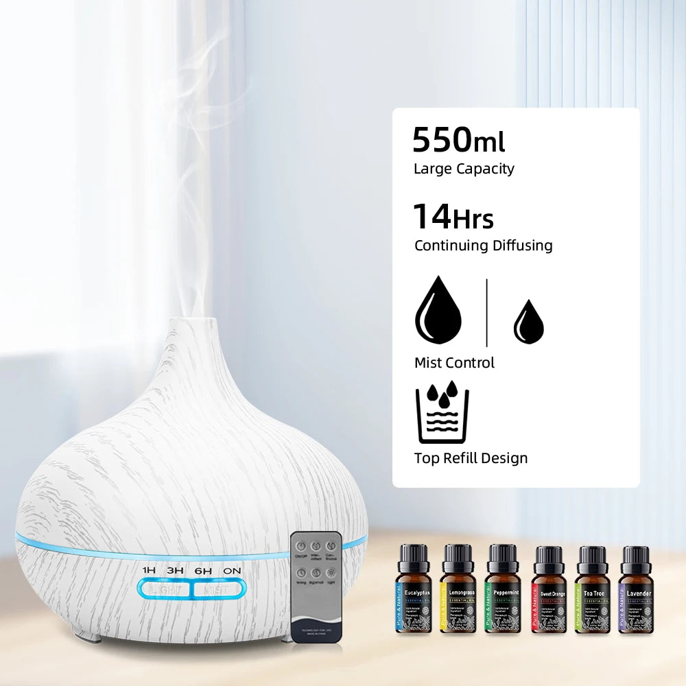 Wood Diffuser 550ml With 6 Essential Oils Remote Auto Off