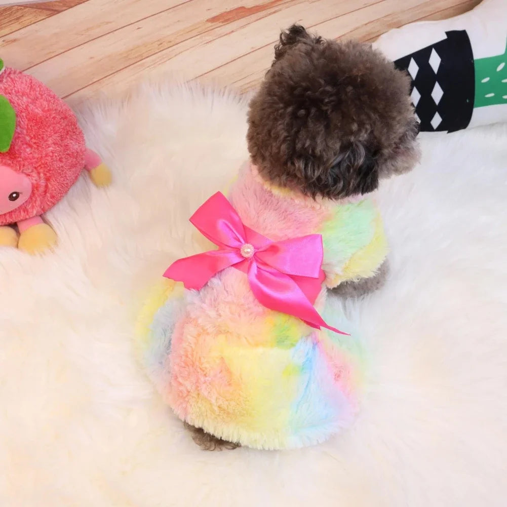 Winter Warm Dog Dress Rainbow Fleece Bow Leopard Print