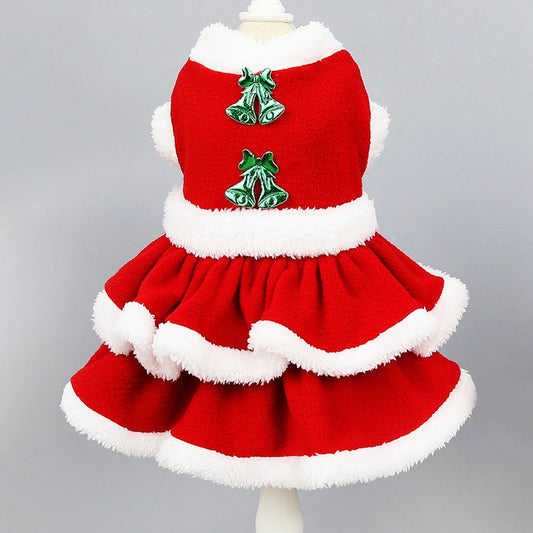 Christmas Dog Costume Dress Red Fleece Skirt Winter Outfit