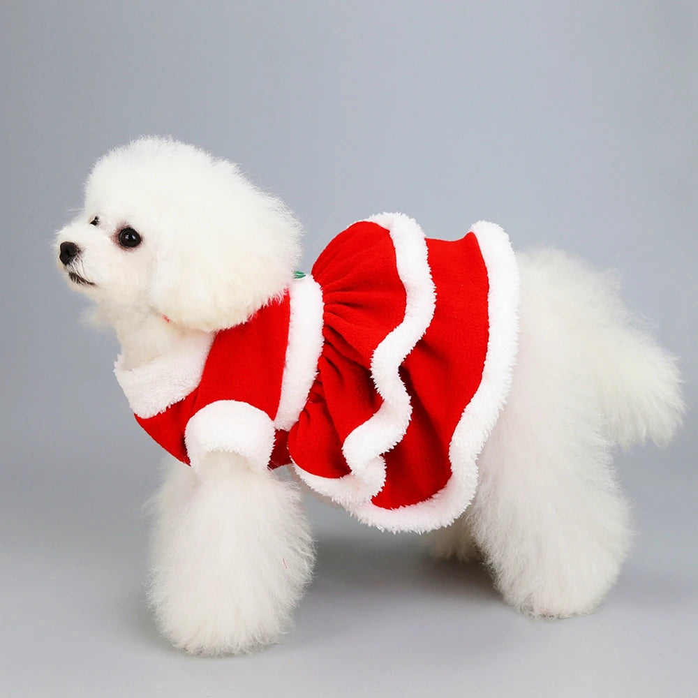Christmas Dog Costume Dress Red Fleece Skirt Winter Outfit
