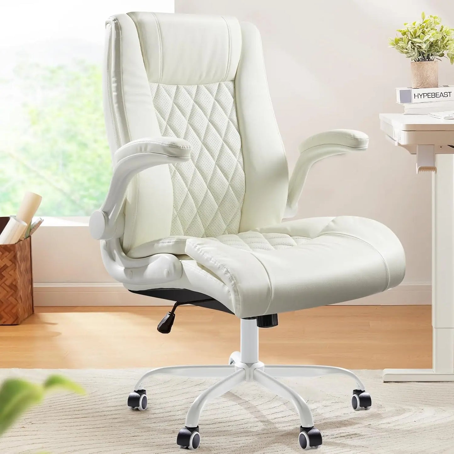 Ergonomic PU Leather Office Chair With Flip Up Armrests